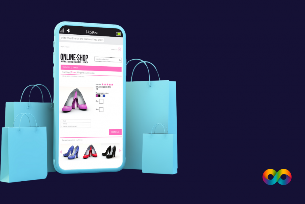 mobile phone showing and a mobile-friendly design website surrounded by shopping bags 